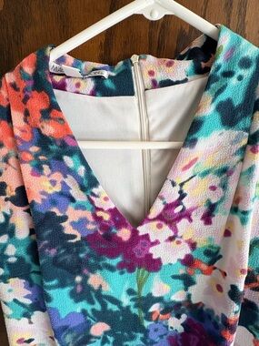 Maggy London Multicolor Floral V-Neck Dress - Teal, Coral, Purple, Navy